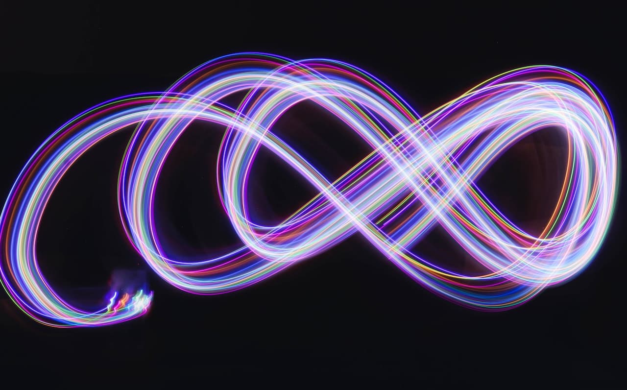 Fasci di luce su una traiettoria circolare a forma di infinito attraverso il moto circolare uniforme e le sue formule. Lo sfondo è nero e le luci sono viola e intrecciate mentre creano onde che si intrecciano.