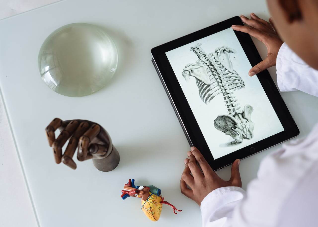 Medico che guarda un busto di sole ossa sul tablet. Intorno ha tre oggetti che richiamano ad altri ambiti di studio del mondo della salute.